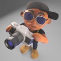 Young black hiphop rapper in baseball cap takes photo with camera, 3d illustration