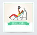 Young black man exercising chest with barbell on bench press, fitness studio banner flat vector element for website or