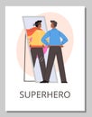 Young black man looking in mirror and imagine that he is brave superhero in mask and cape vector positive cartoon poster