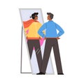 Young black man looking in mirror and imagine that he is brave superhero in mask and cape, vector positive illustration