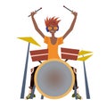 Young black man playing drum set. Drummer, musician. Vector illustration, isolated on white background.