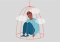 Young black man sitting inside a bird cage. Prisoner adolescent influenced in his mental health by lockdown. Addiction concept