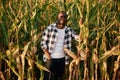Young black man is standing in the cornfield at daytime Royalty Free Stock Photo