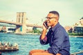 Young black man talking on cell phone outdoors in New York City Royalty Free Stock Photo