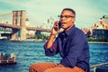 Young black man talking on cell phone outdoors in New York City Royalty Free Stock Photo