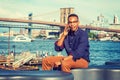 Young black man talking on cell phone outdoors in New York City Royalty Free Stock Photo