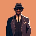 Young black man wearing suit and hat and sunglasses. Retro african american man in hat. Flat color cartoon style