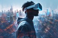 Young Black Man Wearing Virtual Reality Headset in a City, Concepts of Travel, Technology Royalty Free Stock Photo