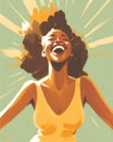 A young black woman closing her eyes and throwing her head back with her hands in the air laughing in delight as the sun Royalty Free Stock Photo