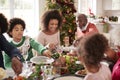 Young black woman eating Christmas dinner with her mixed race multi generation family, close up Royalty Free Stock Photo