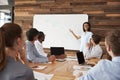 Young black woman giving business presentation at whiteboard Royalty Free Stock Photo