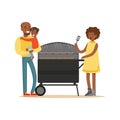 Young black woman grilling sausages on a grill for her family vector Illustration