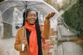 Young black woman in a coat standing under a transparent umbrella outside Royalty Free Stock Photo
