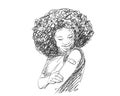 Young black woman looking her arm after receiving vaccine shot, Vector sketch, Afro female