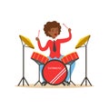 Young black woman playing on drums, guy behind the drum kit vector Illustration Royalty Free Stock Photo