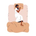 Young black woman sleeping, top view. African-American girl lying on side, relaxing, dreaming in bed. Asleep person on Royalty Free Stock Photo