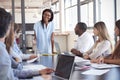 Young black woman stands addressing colleagues at meeting Royalty Free Stock Photo