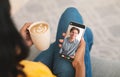 Young black woman talking to her boyfriend online, using smartphone, drinking coffee at home, collage