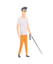 Young blind guy with stick. Young handicapped person. Vector illustration of a flat design