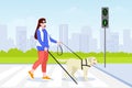 Young blind woman crosses street road with guide dog. Vector illustration. Pets assistance concept Royalty Free Stock Photo