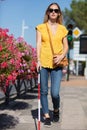 young blind woman walking in city Royalty Free Stock Photo