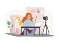 Vector illustration of young, teen girl recording video for her blog at laptop in her room.