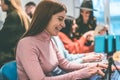 Young blogger woman working inside modern startup office - Focus on face Royalty Free Stock Photo