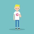 Young blond boy chewing a strawberry donut / flat editable vector