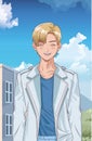 Young blond boy hentai style character outdoor scene Royalty Free Stock Photo