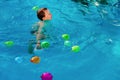 Young blond boy playing in a pool with water balloons, colorful, in summer Royalty Free Stock Photo