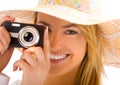 Young blond with camera Royalty Free Stock Photo