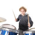 Young blond caucasian boy at drumset in studio Royalty Free Stock Photo