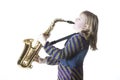 Young blond girl with alto saxophone in studio Royalty Free Stock Photo