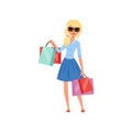 Young blond girl holding lots of colorful shopping bags. Pretty woman in sunglasses, blue blouse and skirt. Flat vector Royalty Free Stock Photo