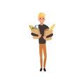 Young blond guy holding two paper bags with products. Shopping at grocery store or supermarket. Flat vector design