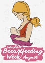 Young Blond Haired Mother Celebrating World Breastfeeding Week, Vector Illustration