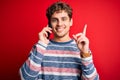 Young blond man with curly hair having conversation talking by the smartphone surprised with an idea or question pointing finger Royalty Free Stock Photo