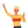 Young Blond Man with Curly Hair Posing for Selfie Smiling for the Camera and Showing V Sign Vector Illustration