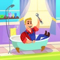 Smiling Plumber Sitting in Tub with Wrench in Hand