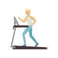 Young blond man running on treadmill. Astronaut preparing for space flight. Physical activity. Training machine. Cartoon