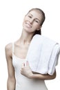 Young blond woman with bathtowel isolated on white Royalty Free Stock Photo