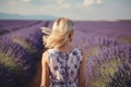 Young blond woman in lavender field Happy carefree AI generated