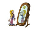 Young blond woman looking at her creativity in the mirror. Royalty Free Stock Photo