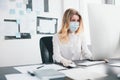 Young blond woman manager in medical protection mask and gloves works in office during Covid-19 epidemy, virology concept