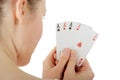 Young blond woman playing cards Royalty Free Stock Photo