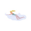 Young blond woman swimming in the sea. Girl in green striped swimsuit. Active summer recreation. Flat vector icon Royalty Free Stock Photo