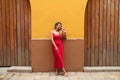 Young, blonde, beautiful woman in a red dress is visiting seville. The woman is posing for the camera very elegant for the photos