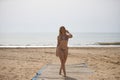 Young, blonde, beautiful woman, wearing a leopard print bikini, walking along a wooden walkway on the beach, smiling, happy, Royalty Free Stock Photo