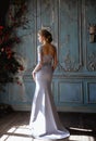 Young blonde bride woman in a light blue wedding dress Royalty Free Stock Photo