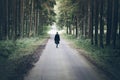 Young blonde caucasian woman walking on road through dark forest Royalty Free Stock Photo